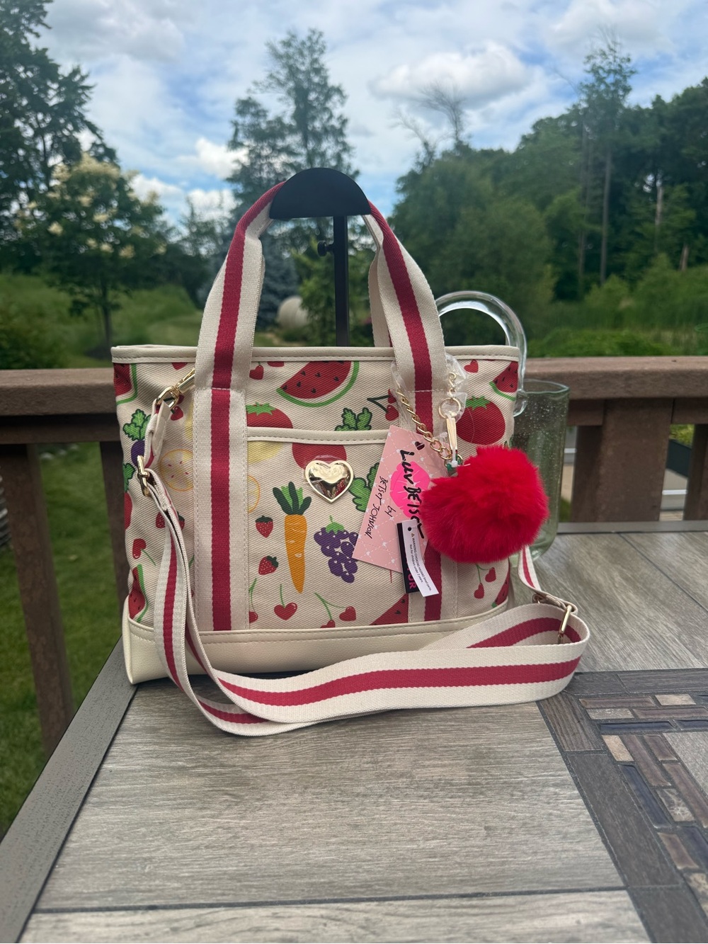 Betsey Johnson Fruit Print Cream Canvas Tote with Red Accents